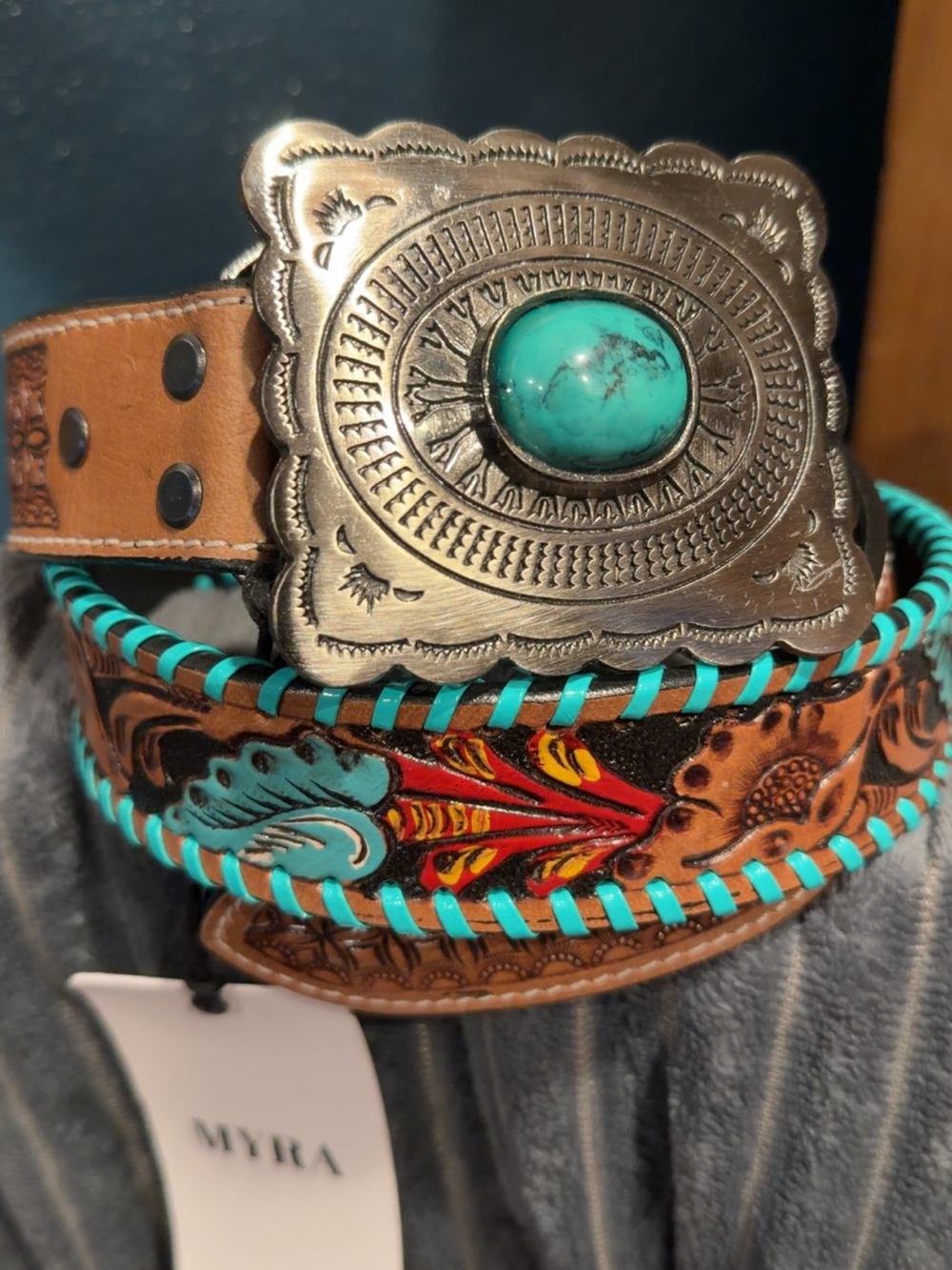 NWT Myra Bag Turquoise Accent Tooled Leather Belt with Silver-Toned Buckle